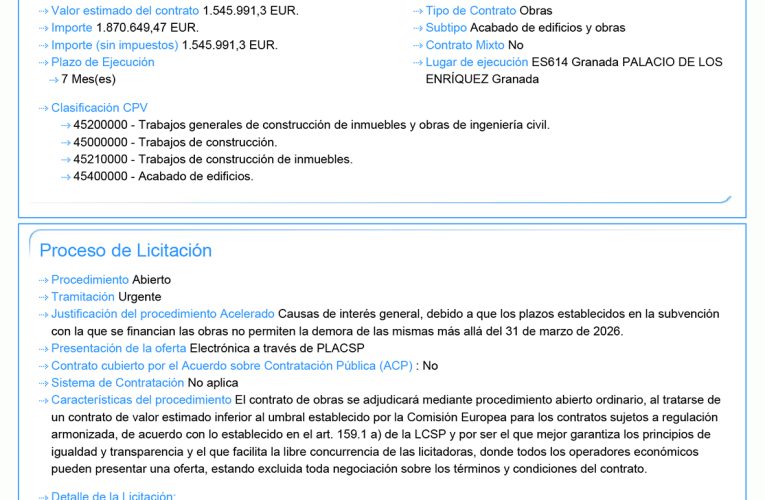 Publicado el nuevo proceso de licitación para la contratación de las obras de rehabilitación del Palacio de los Enríquez