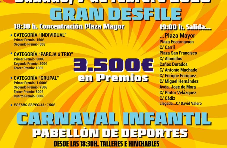 Baza celebra el Carnaval el sábado 7 de febrero, con desfile, fiesta infantil en el pabellón de deportes, Gran Fiesta en la carpa climatizada y concurso de disfraces con 3.500 euros en premios