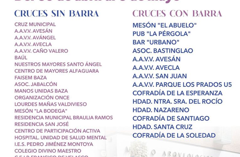 14 cruces con barra y 24 sin barra protagonizan este año la Fiesta de la Cruz en Baza, que se extenderá del jueves 30 de abril al domingo 3 de mayo